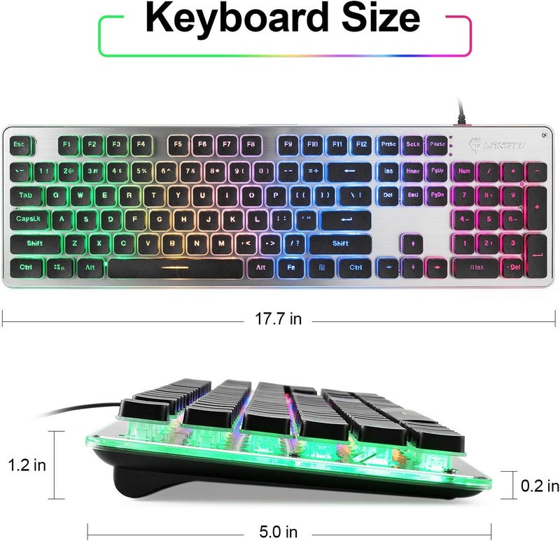 LANGTU Membrane Gaming Keyboard, Colorful LED Backlit Quiet Keyboard for Study, All-Metal Panel USB Wired 25 Keys Anti-ghosting Computer Keyboard 104 Keys - L1 Black/Silver… - Image 5